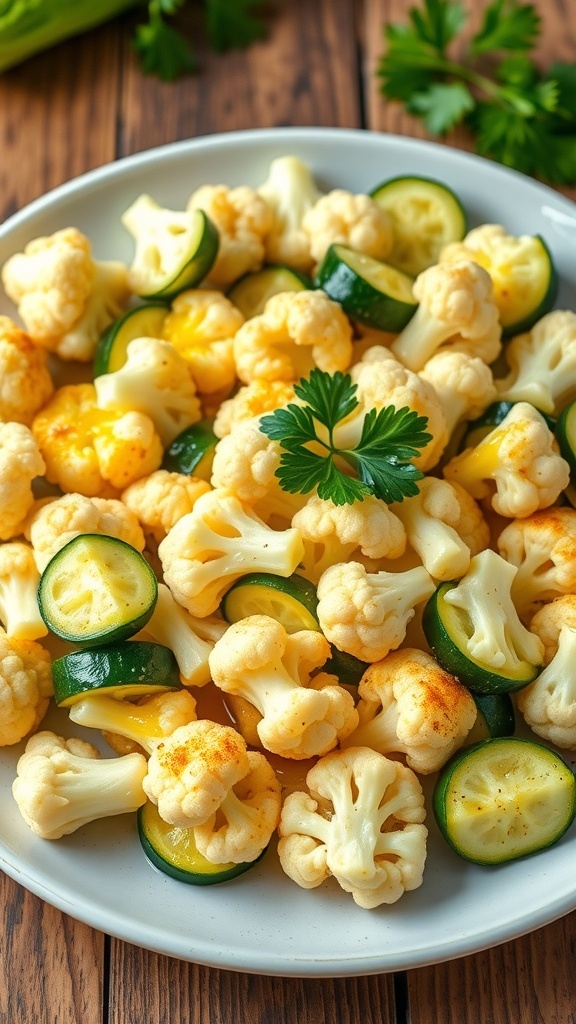 Sautéed cauliflower and zucchini garnished with parsley on a rustic wooden table.